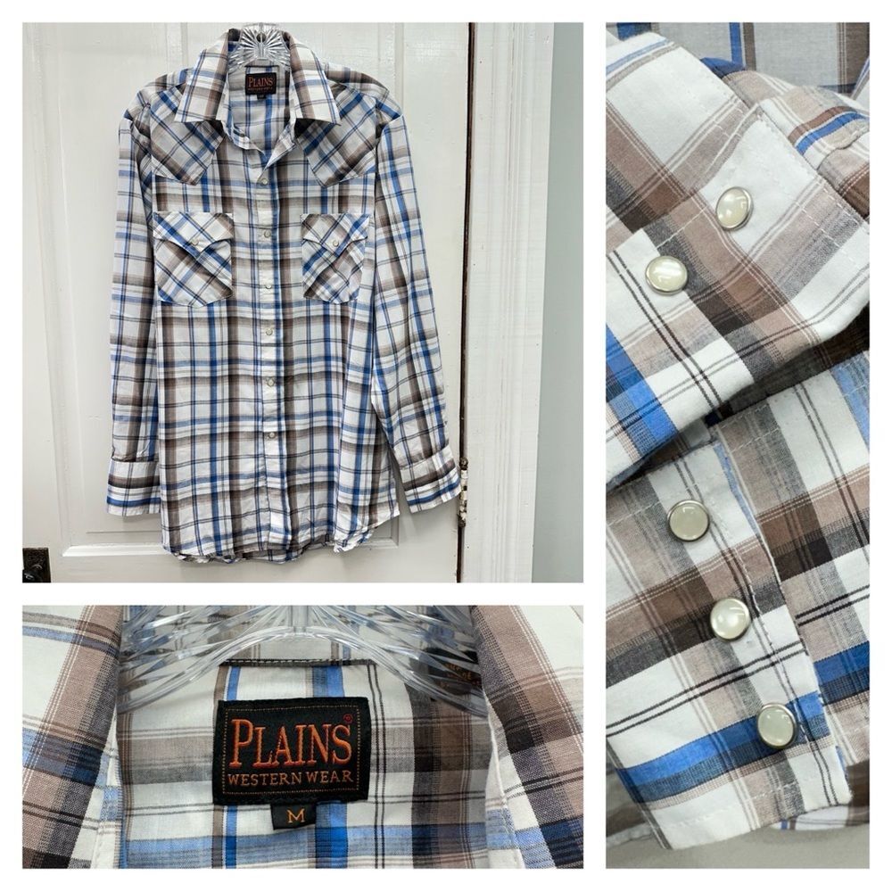Plains western wear pearl snap button down long‎ sleeve plaid shirt men's medium